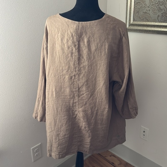 MoSaic USA 100% Linen tan Tunic top 3/4 sleeves blouse round neckline Sz L #2510 - Picture 3 of 5